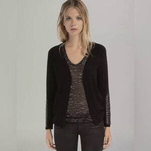 Maje Daminute Black Leather Patch Silk Blend Open Front Sweater Cardigan‎ in M